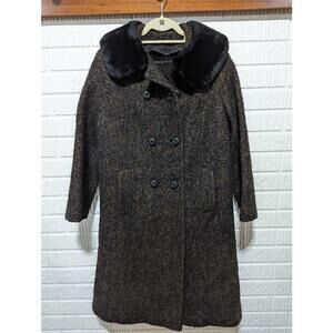 Vintage Women's Brown Black Zip Out Faux Fur Lining Double Breasted Wool Coat M